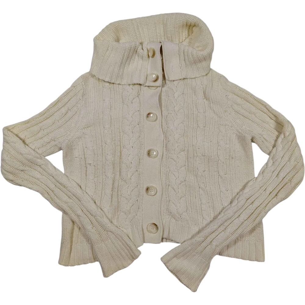 Michael Kors Women's Cream Cowl Neck Cable Knit Button Up Sweater Size Large